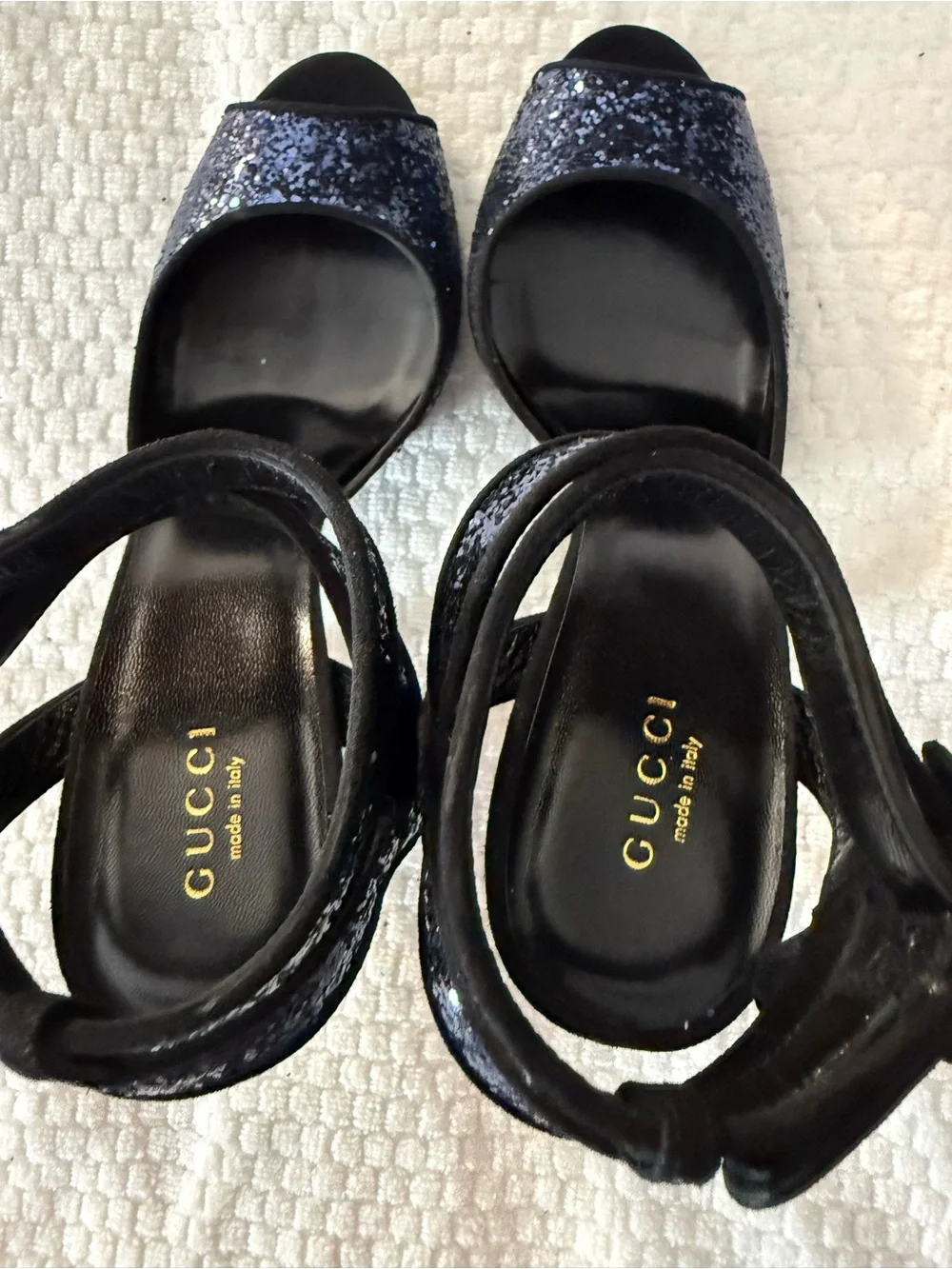 Gucci Blue Glitter Open-Toe Ankle-Strap Heels